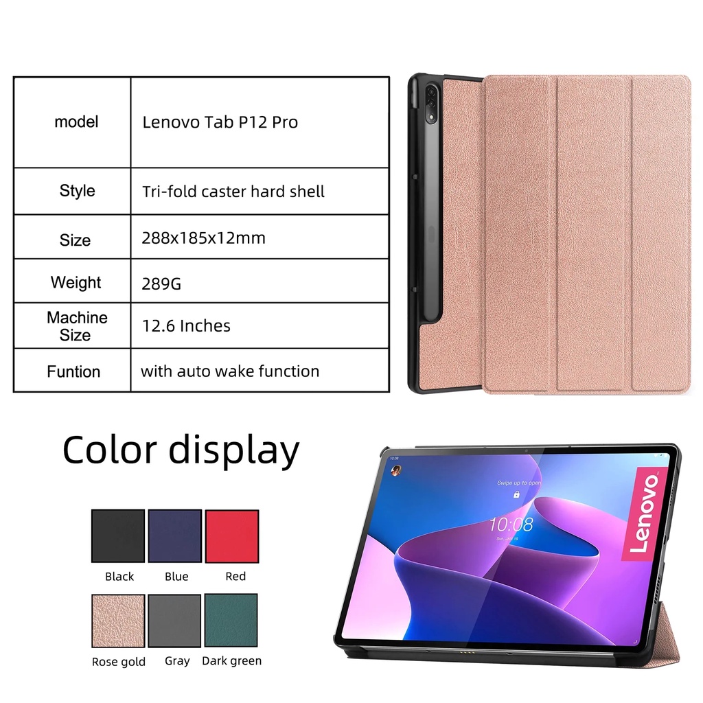 [Tidur/Bangun] Untuk Lenovo Tab P12 Pro 12.6-inci 2021p12pro TB-Q706F TB-Q706N TB-Q706 Tablet Perlindungan Case Mode Lipat Tiga Warna Solid Flip Leather Cover Fold Stand