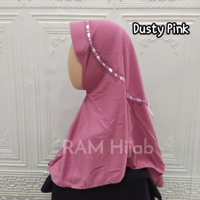 ram hijab kerudung jilbab instan bergo anak sekolah TK SD SMP serut pita atas warna dusty pink