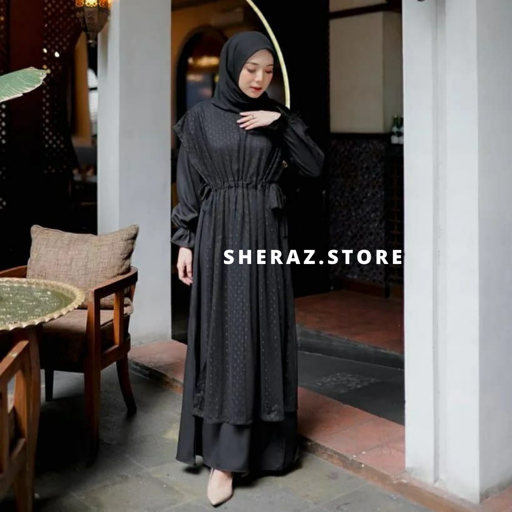 VIOLITA SET Gamis Dress Hitam Putih Tile Kondangan Wanita Remaja Jumbo Ld 120 130 140 Terbaru
