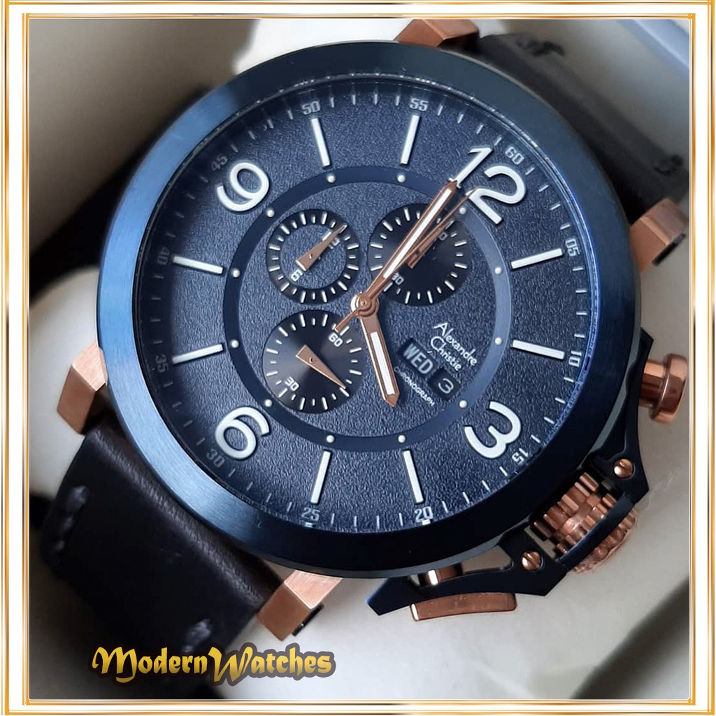 Jam Tangan Ori Kulit Pria Alexandre Christie AC 6281 Black Tali Hitam Blue Sport Jam Cowok Alexander