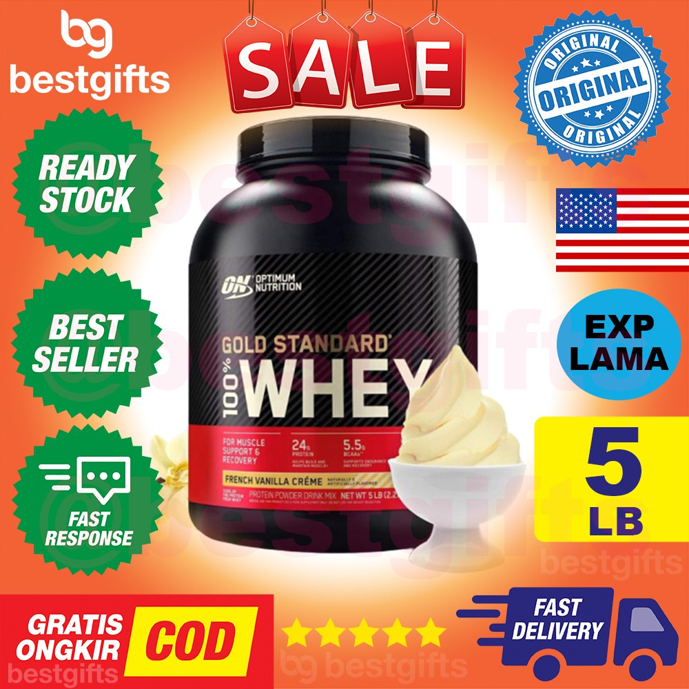 OPTIMUM NUTRITION ON GOLD STANDARD 100% WHEY PROTEIN ISOLATES VANILLA ICE CREAM MASSA OTOT KUAT 5 LB