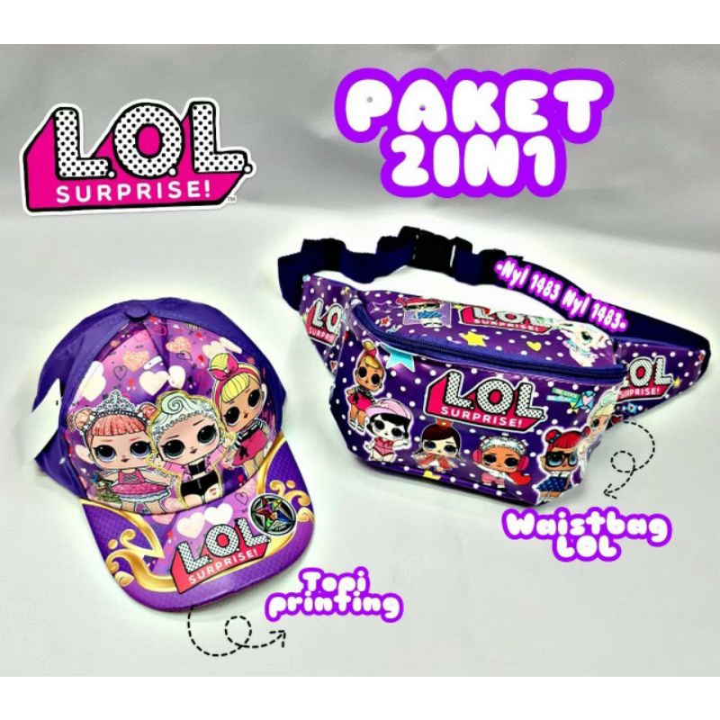 Paket 2in1 tas selempang bahu waistbag anak + topi full print motif kartun lucu