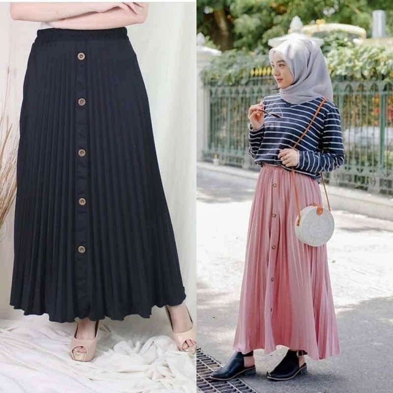 Rok Plisket Kancing Pleated Skirt / Flare Button Skirt Panjang Murah