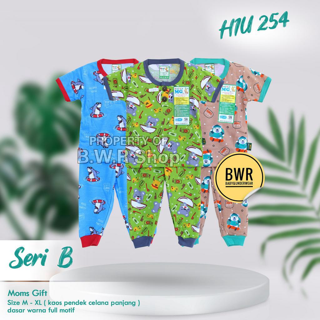 [ HARGA 3pc ] CPR Setelan Moms Gift HIU 254 / Baju Bayi Piyama Anak Unisex Kancing Pundak Mom's Gift Motif Terbaru Baju Pendek Celana Panjang | Bwr