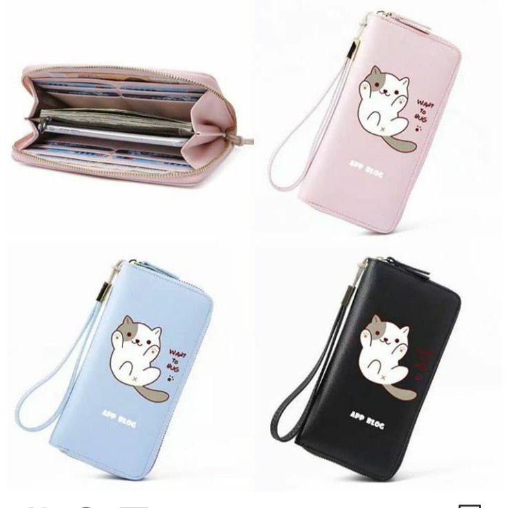 New Dompet Lipat Panjang Resleting KUCING GELAY There Hanger CAT HUG