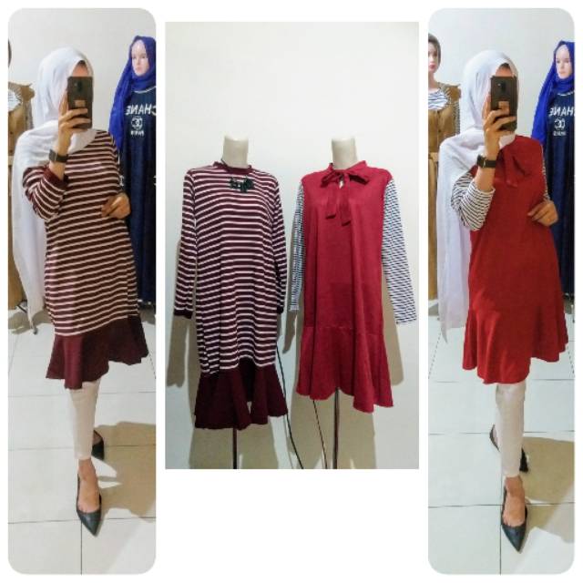 Tunik rempel bawah motif garis bhn kulit jeruk import polos bhn suede