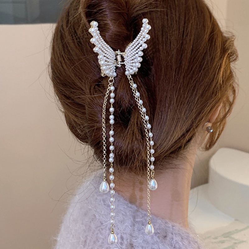 Jepit Rambut Bentuk Kupu-Kupu Aksen Mutiara Dan Berlian Imitasi Untuk Wanita