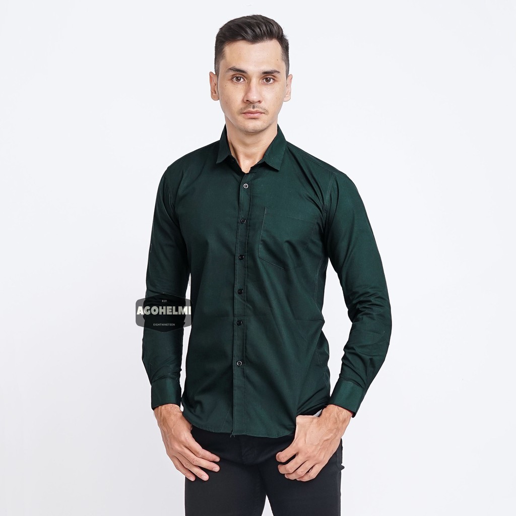 Kemeja Pria Lengan Panjang Hijau Tua Dark Green Hijau Botol Slimfit Casual Kemeja Kerja Kemeja Polos