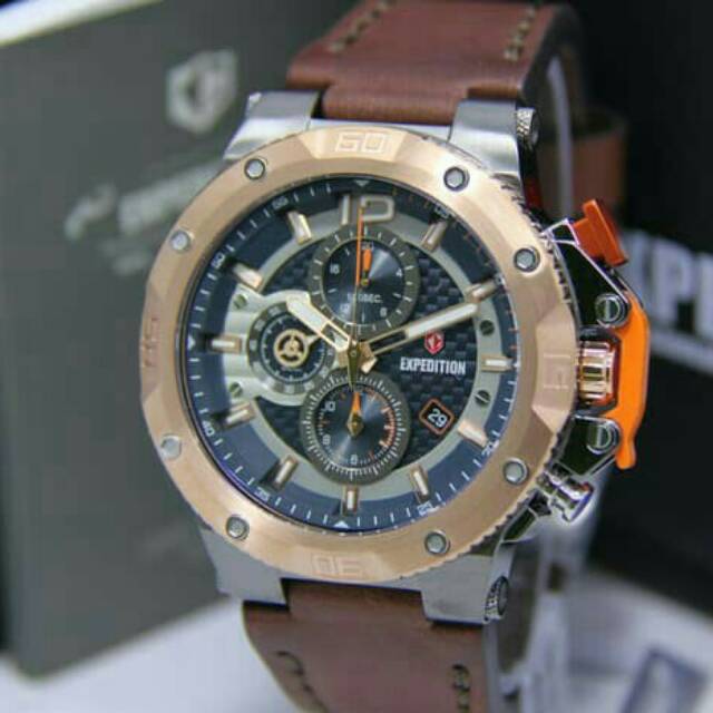 JAM TANGAN PRIA EXPEDITION 6751 COWOK KULIT ROSEGOLD BLACK RING GOLD ORIGINAL