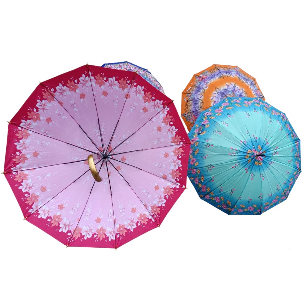 Payung 12 Jari Satin Saten Besar Standar Motif Bunga Kembang Umbrella Kuat Anti Hujan UV Lucu Warna / PAYUNG MURAH