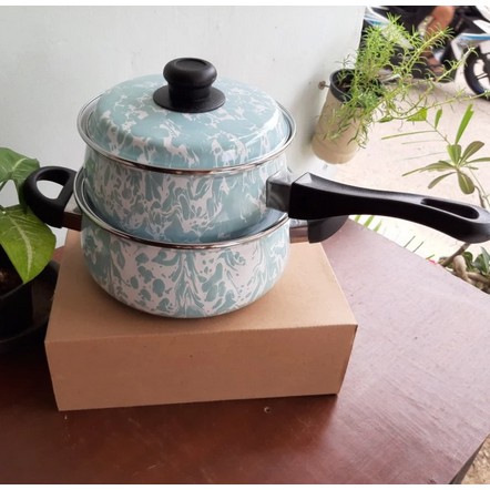 PANCI ENAMEL SENG KALENG BURIK BLURIK BLIRIK LOREK LORENG BATIK JADUL KUNO 2 SUSUN TOSCA TOSKA