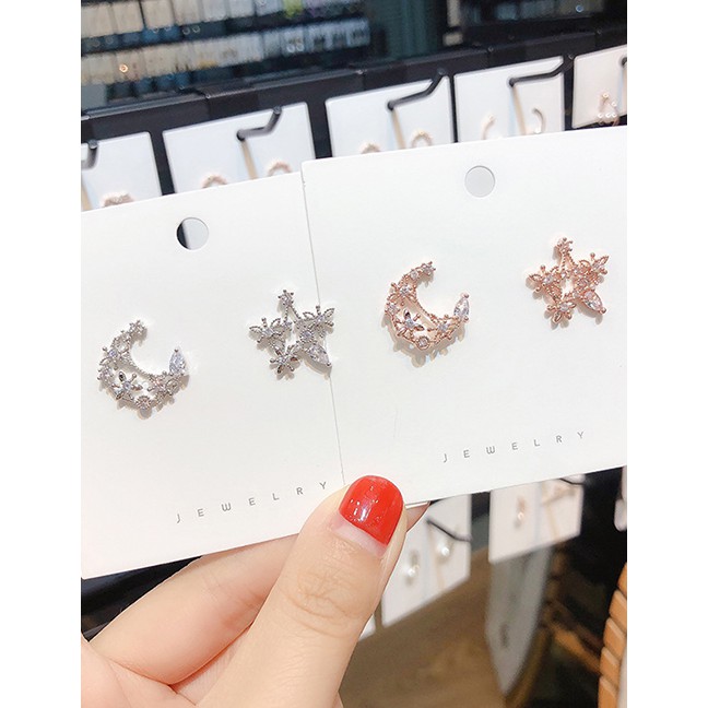 LRC Anting Tusuk Fashion Rose Gold Openwork Stars: Moon: Diamonds: 925 Silver Needle Studs F65614