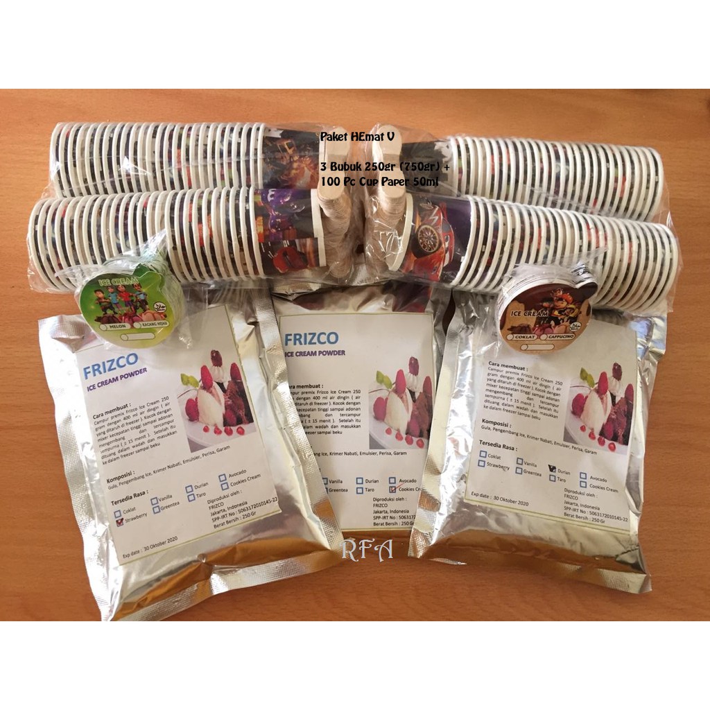 

Promo FRIZCO Paket Bahan Es Krim (3 bubuk 250gr, cup 50ml 2 slop lengkap)