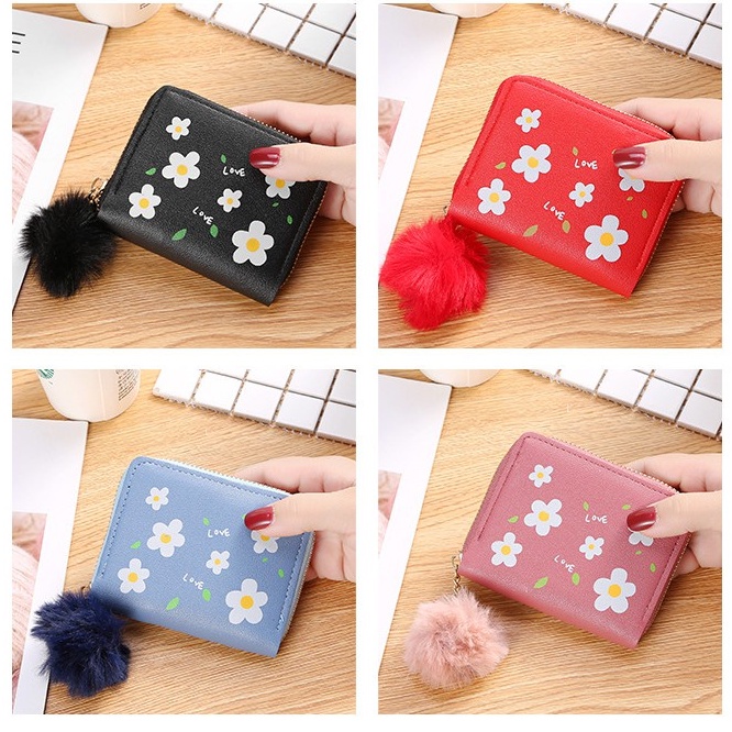 BV.ID DL382 DOMPET WANITA KECIL MOTIF BUNGA DAISY DOMPET KECIL WANITA IMPORT GANTUNGAN BULU COD