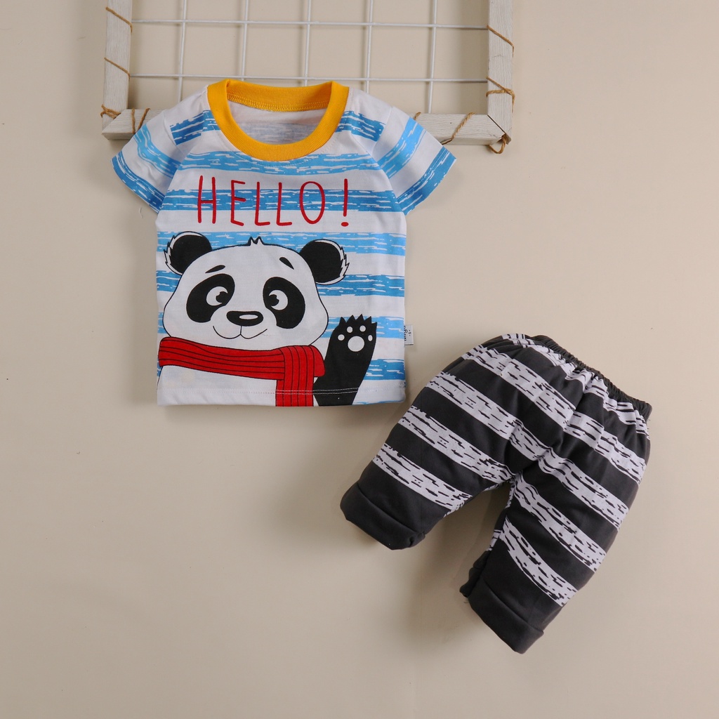 Baju Anak laki laki setelan Usia 3 bulan - 3 tahun JK Motif Hello Panda New lucu dan Menggemaskan