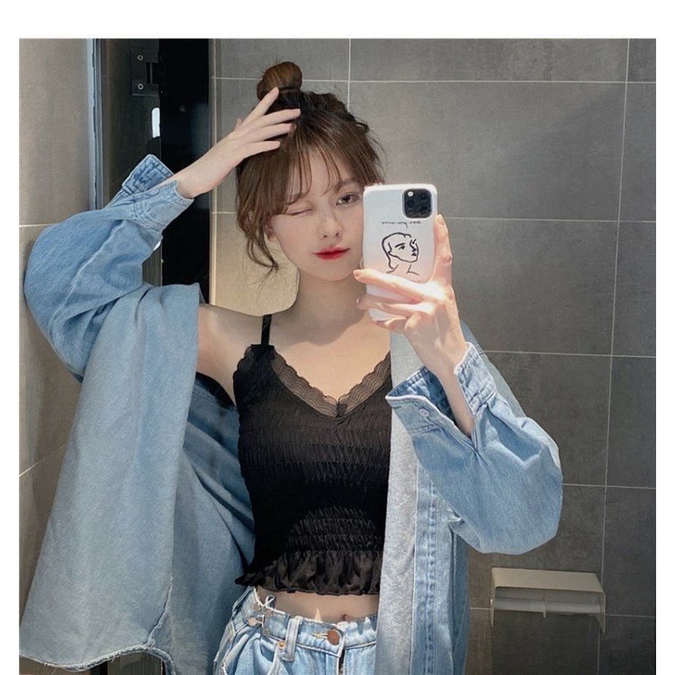 Retaily BRA518 Tanktop V-Neck Crop Renda Crinkle Dengan Busa Bra Tanpa Kawat Singlet Casual OOTD