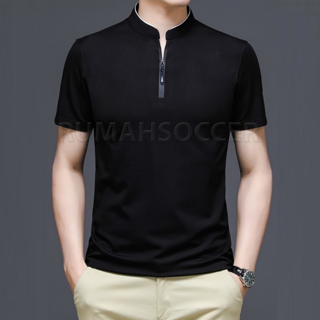 Kaos Kerah Pria Resleting LDV Lengan Pendek Polo Shirt Krah Shanghai Bahan Katun Adem