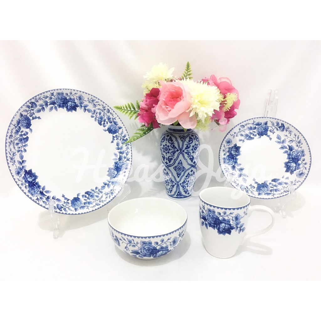 1 Set Cantik Piring + Mangkuk + Gelas Keramik Blue Rich