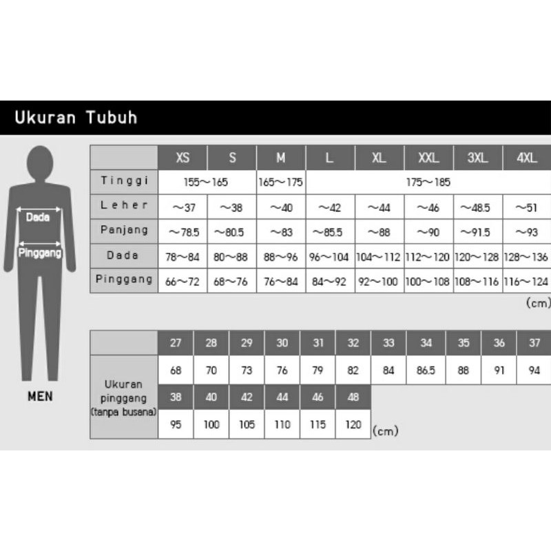 Size Charts Untuk Atasan Uniqlo Man Ar 8119