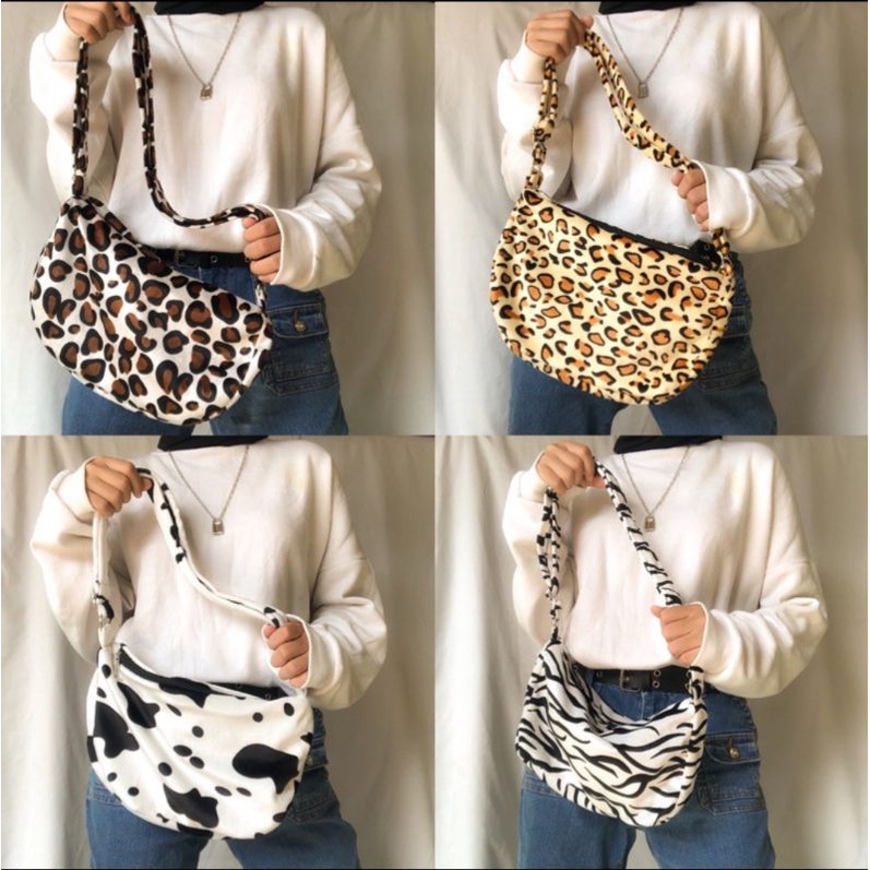 TAS SELEMPANG SAPI ZEBRA LEOPARD WANITA ANIMALS FLUFFY FUR BAG SHOULDER BAG HAND BAG SLING BAG KOREA
