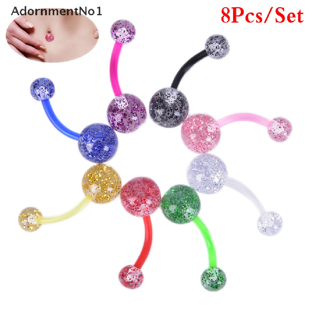 (AdornmentNo1) 8pcs / Set Anting Tindik Perut / Pusar Bentuk Barbel Aksen Glitter Bahan Akrilik Untuk Perhiasan Wanita