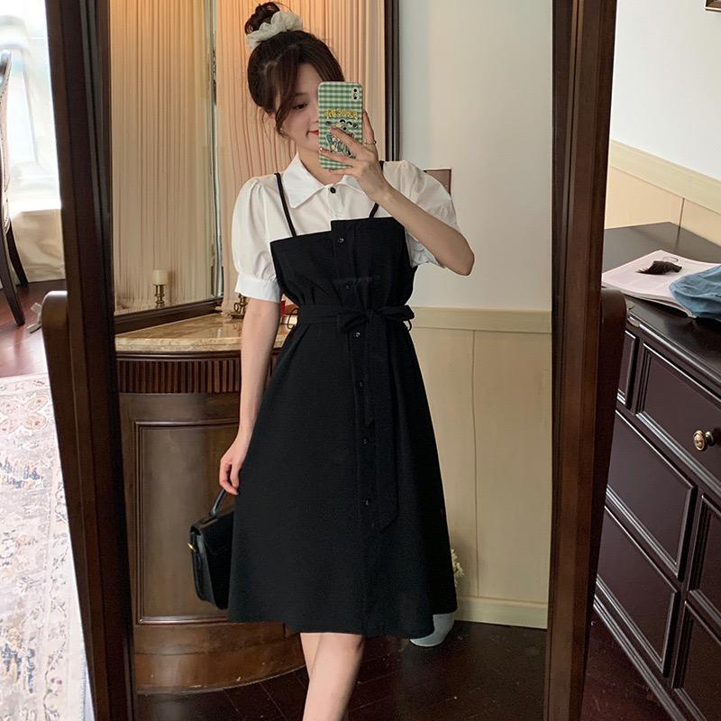 [littlecrab] Dress Oversize Kasual Fake 2 Set Fake Collar Berkualitas Dress Kemeja Berkerah Hitam Putih Dress Panjang Lengan Pendek Simple Elegan High Quality Dress Korean Style