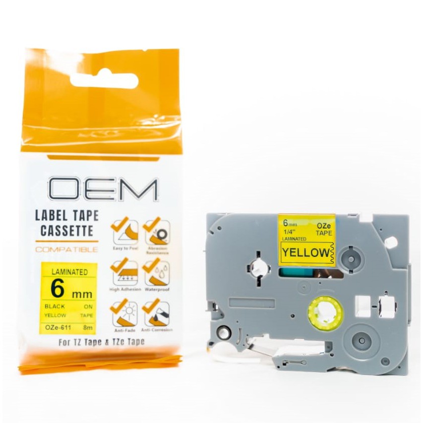 OZe-611 OEM LABEL TAPE BROTHER 6mm Black On Yellow