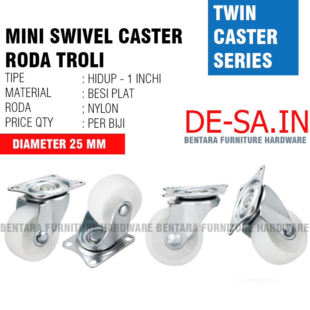 RODA HIDUP 1 INCHI PUTIH NYLON - MINI SWIVEL CASTER TROLI KECIL