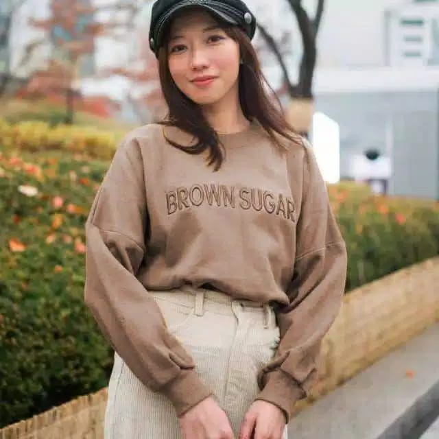 CREWNEECK WANITA BROWN SUGAR BORDIR SWEATER / SWEATER WANITA TEBAL / SWEATER BORDIR