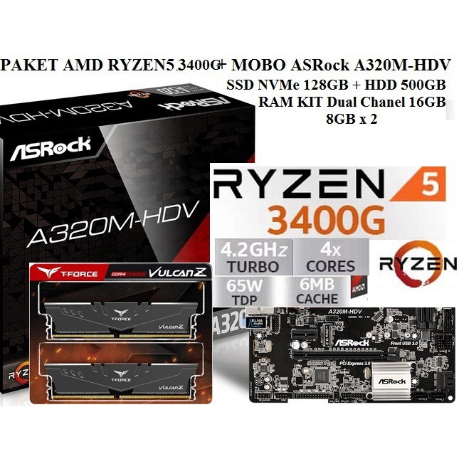 Paket PC AMD Ryzen5 3400G ASRockA320M RAM16GB SSD NVME