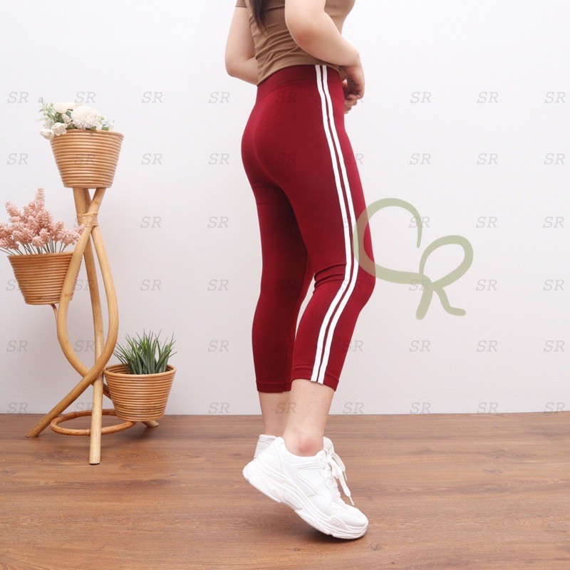 Legging Import Wanita List Putih Stripe Polos Premium Melar Murah