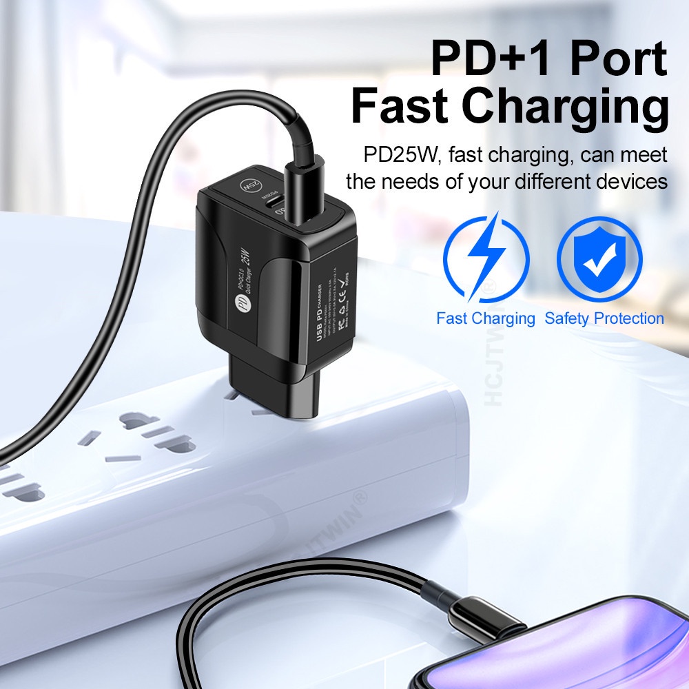 HW 40W Super Fast Charger/25W PD Qualcomm QC3.0 Fast ChargerUSB&amp;TYPE-C Dual Port  Charger untuk sebagian besar ponsel di pasaran