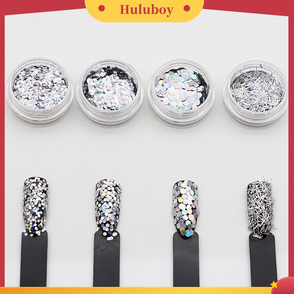 Huluboy Huluboy♡ 4 Kotak Payet Glitter Heksagonal Linear Untuk Dekorasi Nail Art Manicure