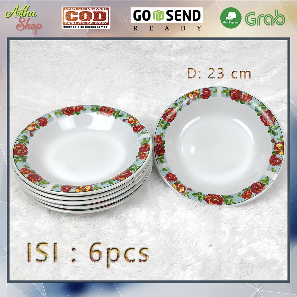 Piring Makan keramik 9inci motif lis bunga mawar isi 6pcs