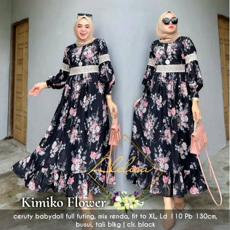 Cod Kimiko Midi Flower/gamis murah/gamis ceruty motif bunga/gamis premium kekinian/gamis cantik/baju muslim/gamis ibu ibu/gamis busui/gamis ld 110/dress pesta