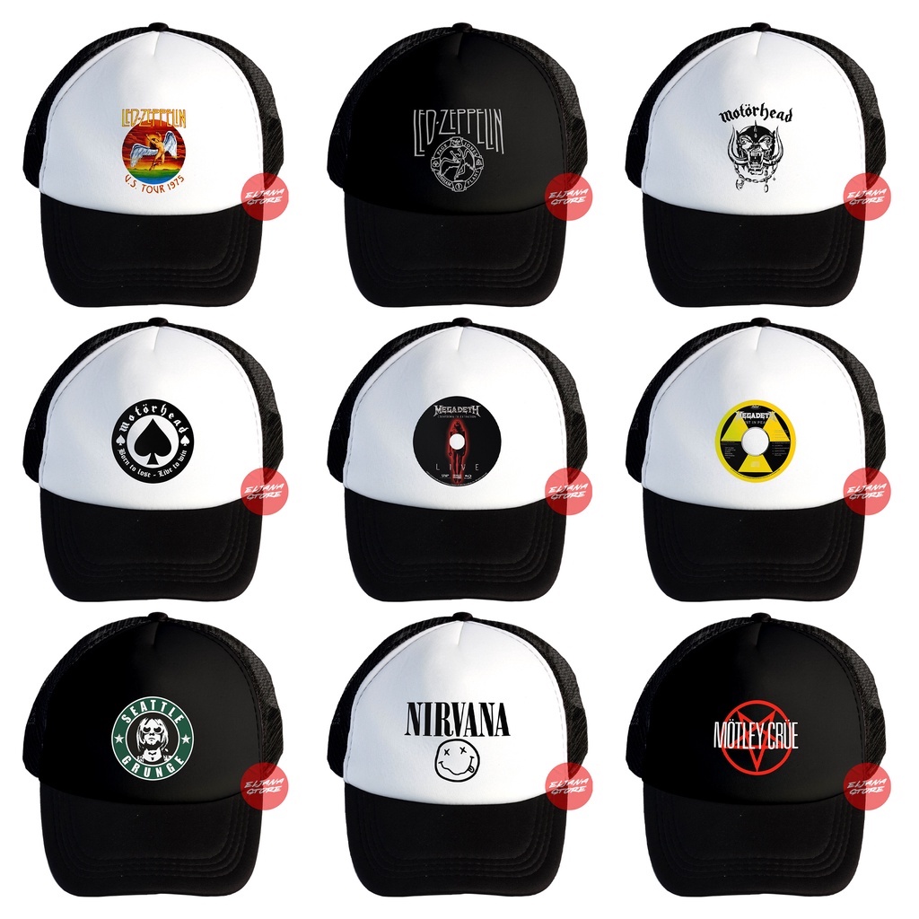 Led Zeppelin / Megadeth / Kurt Cobain / Nirvana / Metallica / Motorhead / Topi Band / Topi Distro / Topi Trucker / Topi Distro Premium / Topi Jaring unisex / Topi Baseball Band / Black Sabbath / Radiohead / Topi Premium Distro