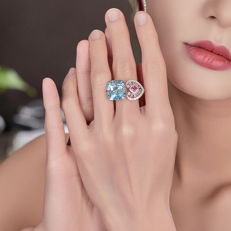 Cincin Bentuk Kotak Warna Biru Langit Bahan Cubic Zirconia Untuk Wanita