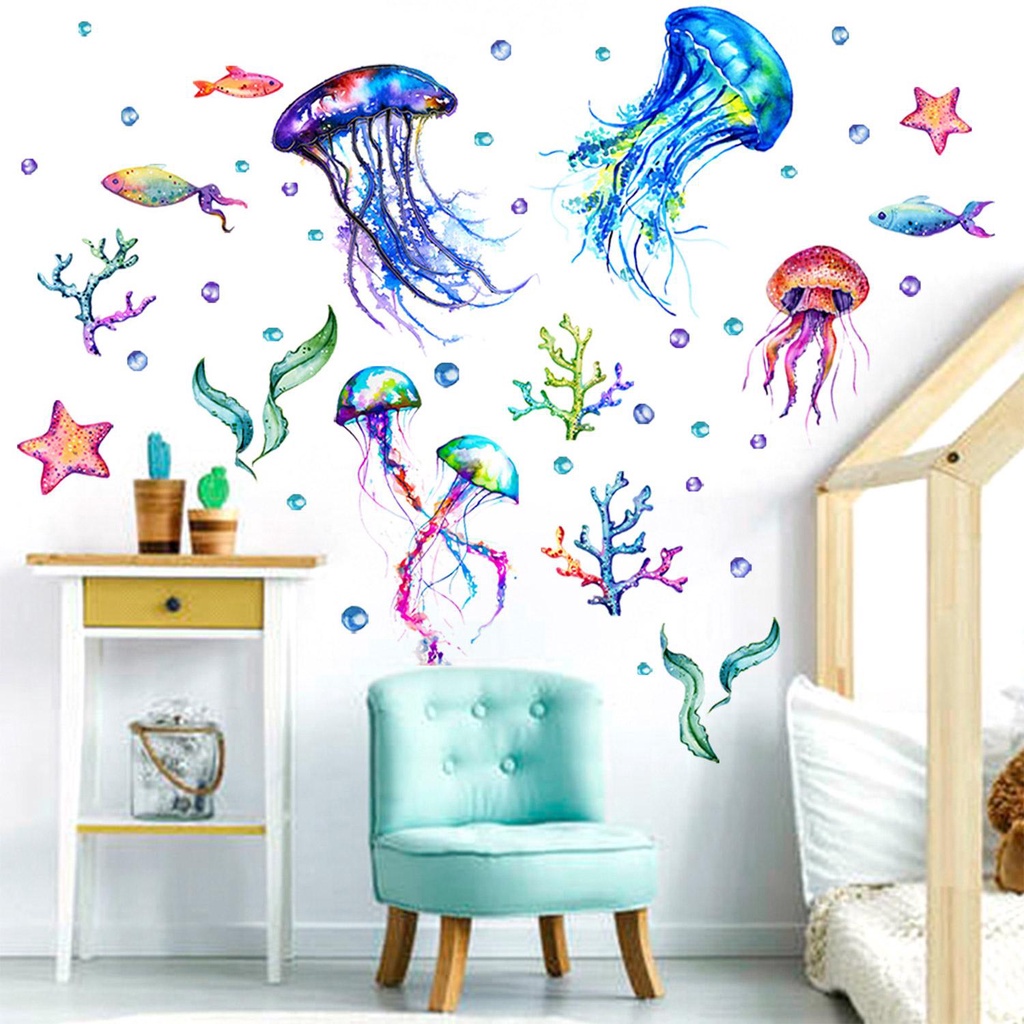 R-flower Ocean Jellyfish Wall Stiker Kamar Tidur Anak Rumput Laut/Bintang Laut/Gelembung Vinyl Bawah Laut Dekorasi Rumah