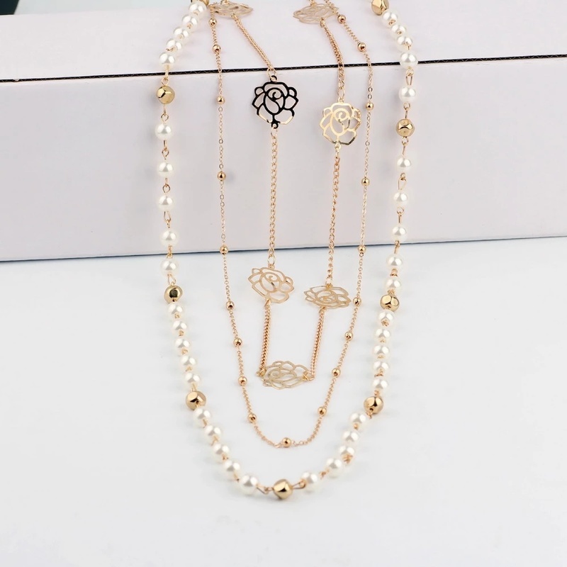 [Kalung Rantai Sweater Wanita Multilayer Mutiara Bunga Mawar Kreatif] [Kalung Rantai Sederhana Logam Vintage Anak Perempuan ] [Kalung Klavikula Fashion Wanita]