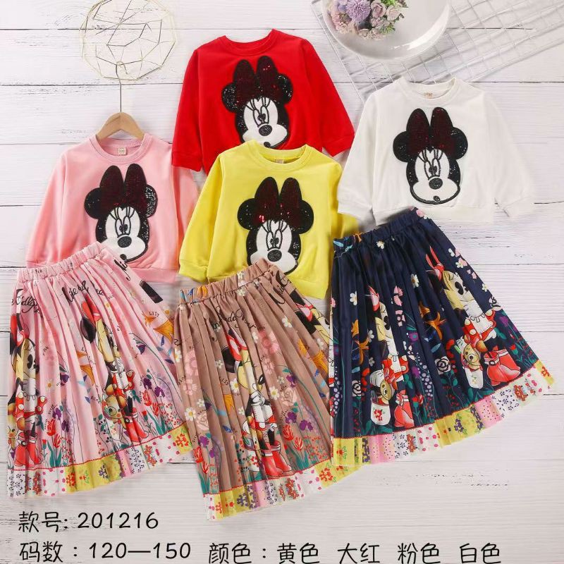 uk 3-8thn / setelan rok anak cewek tanggung / setelan rok plisket anak cewek import motif mickey