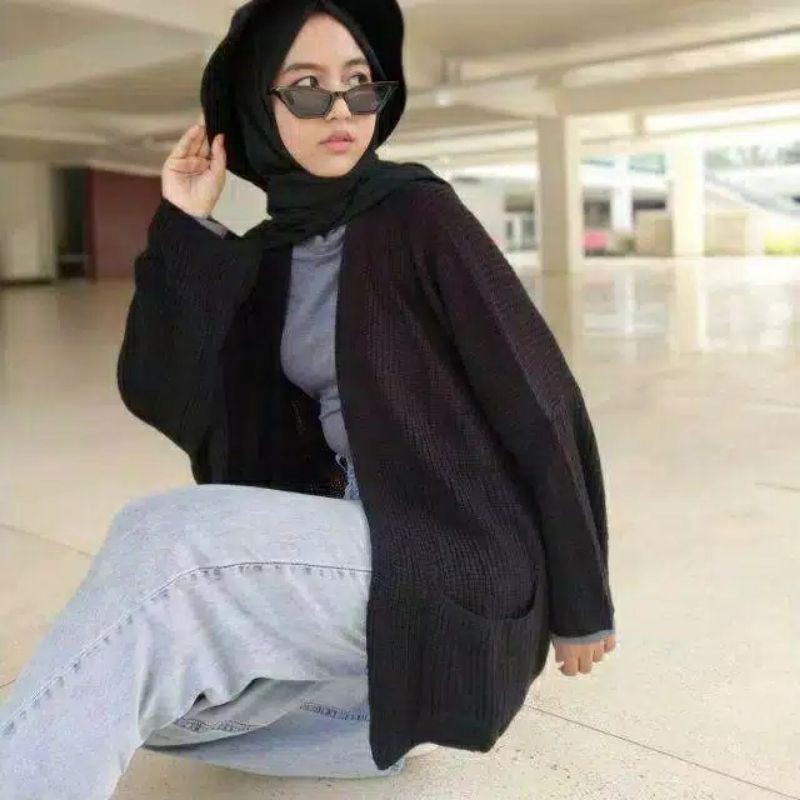 OVERSIZE LAVELLA RAJUT KARDIGAN RAJUT PREMIUM-Hitam