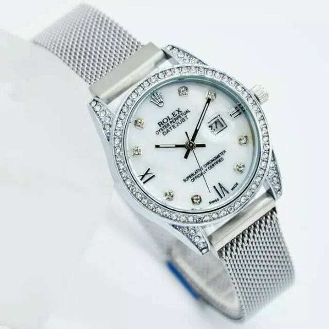JAM TANGAN WANITA ROLEX DATE RANTAI MAGNET SILVER KW SUPER