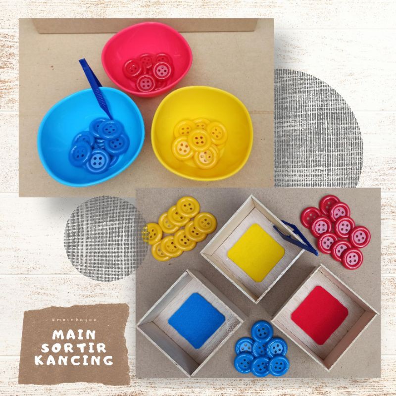 MAIN SORTIR - KANCING, POMPOM &amp; WATERBEADS Mainan Edukasi Montessori Anak