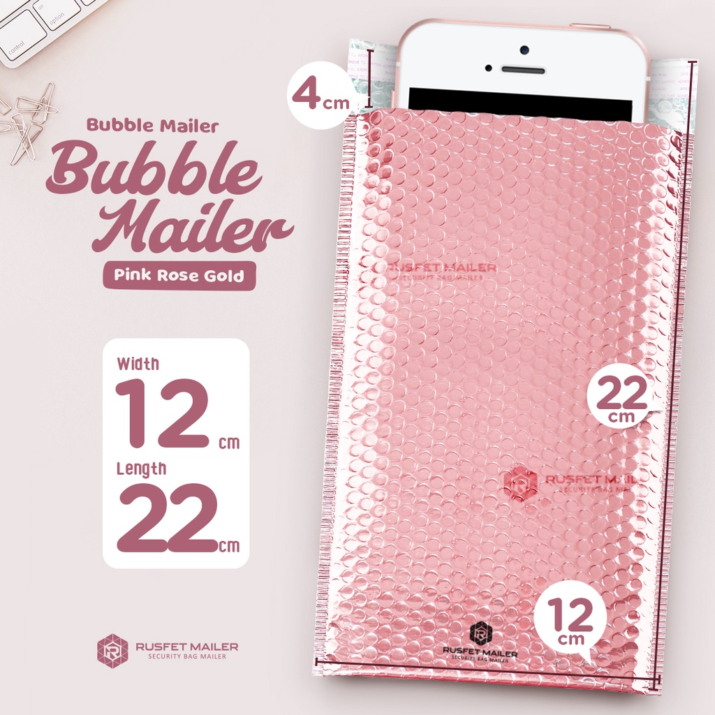 Amplop Bubble Mailer Pink Rose Gold 12x22 - Bubble Mailer Packing Murah Satuan