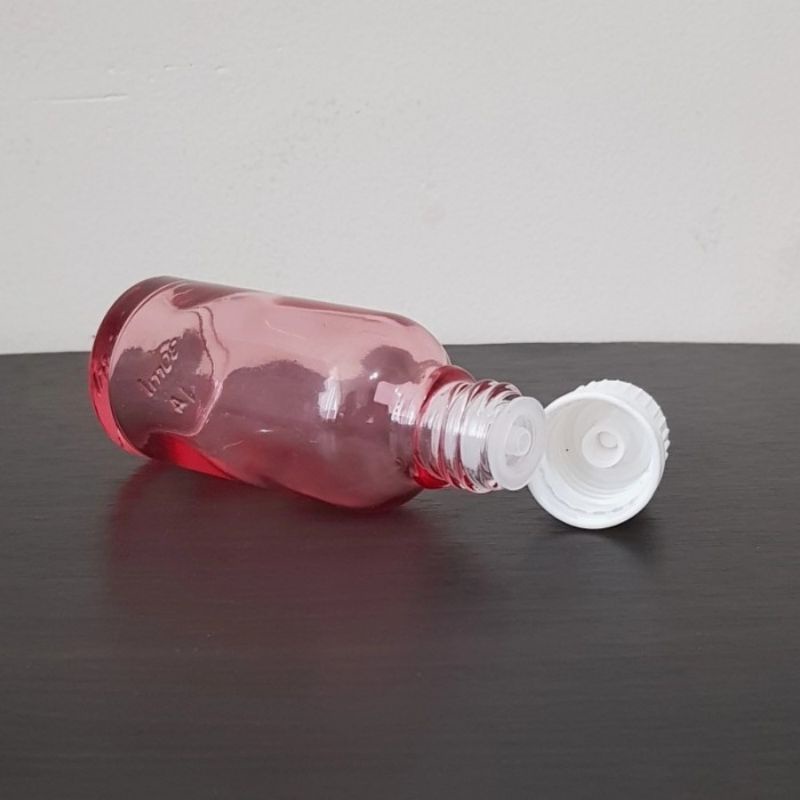 botol kaca 30ml tebal pink clear tutup filler putih