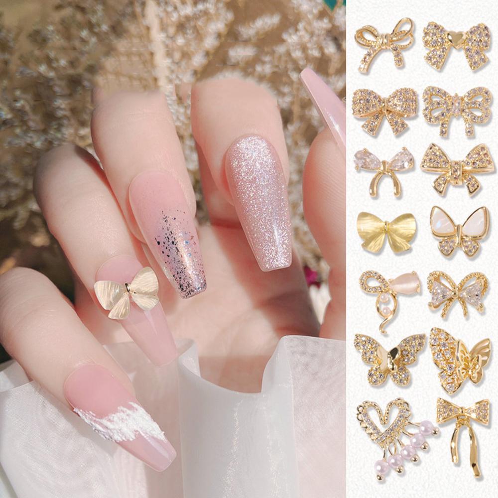 AUGUSTINA Agustina Ikatan Simpul Berlian Nail Art Charms Mutiara Mewah Rantai Liontin Nail Chains Perhiasan