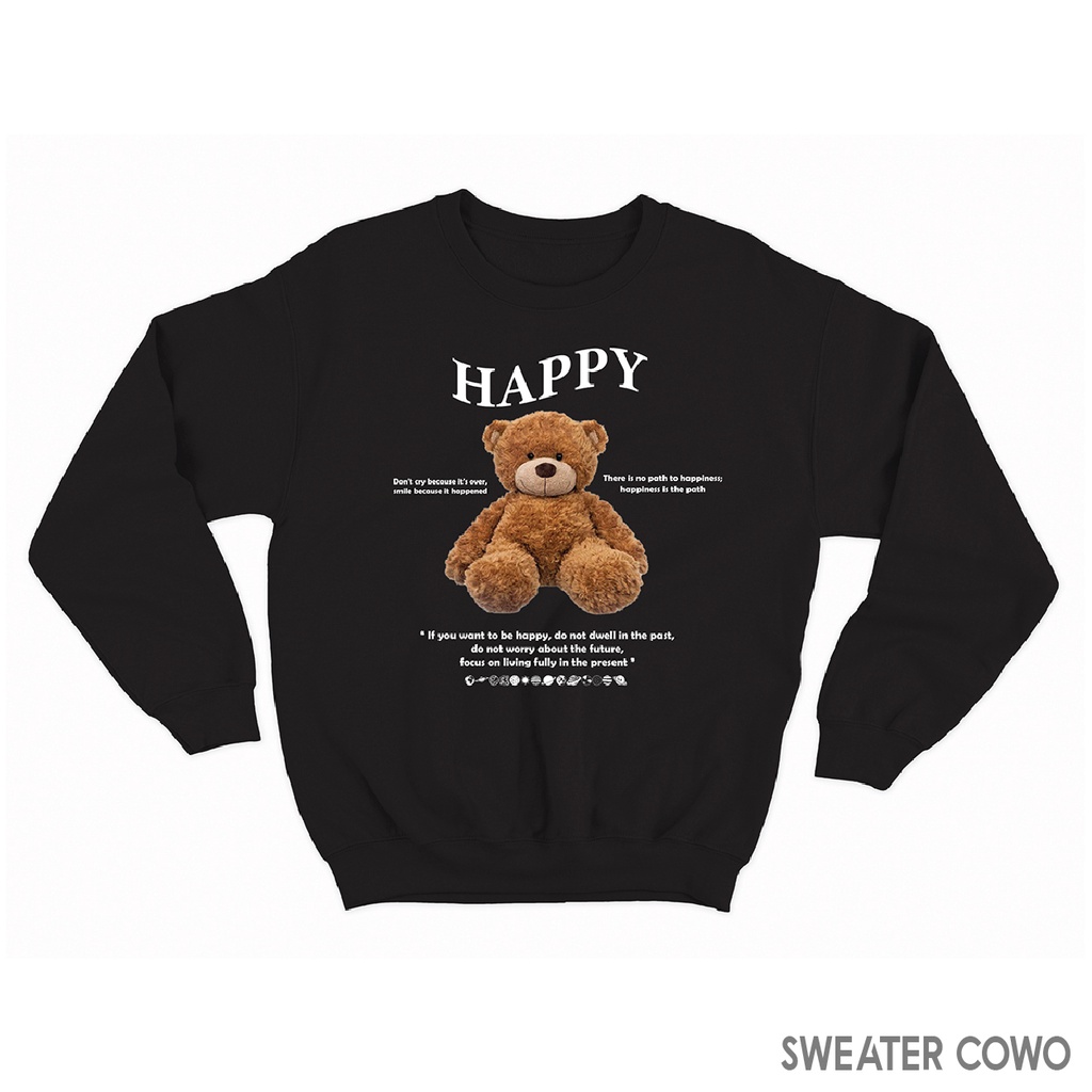 Sweaterpolos Basic Sweater HAPPY BEAR ( Sablon ) Unisex Pria &amp; Wanita