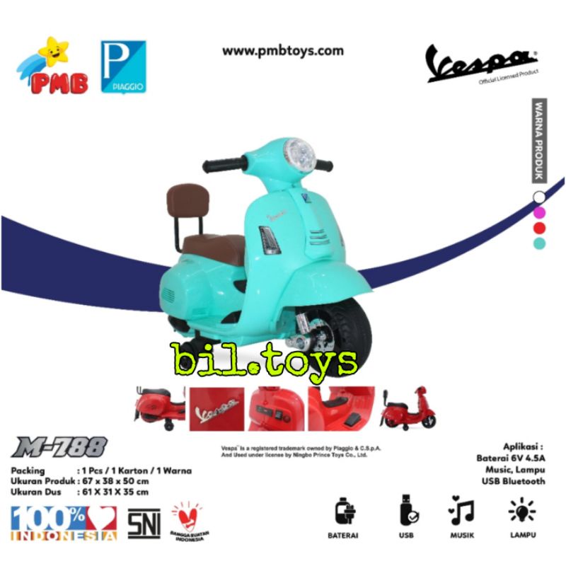 MAINAN ANAK MOTOR AKI ACCU VESPA SCOOTER VINTAGE CLASSIC PMB M788 M-788 LISENSI RESMI VESPA