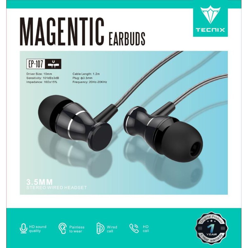 Headset Tecnix EP-107 Magentic Earbuds Stereo Wired Headset