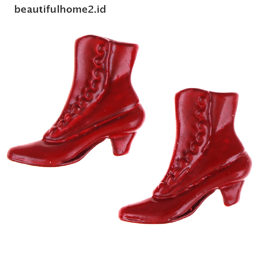 (Beautifulhome2.Id) 1 Pasang Miniatur Sepatu Boots Warna Merah Skala 1: 12 Untuk Dekorasi Rumah Boneka